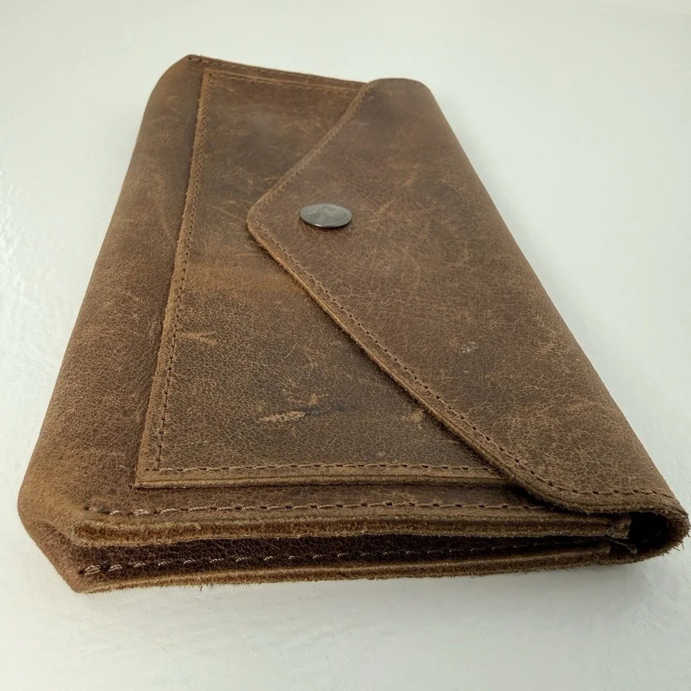 Hide & Drink Full Grain Leather Envelope Wallet Clutch Snap Brown Rustic Pouch